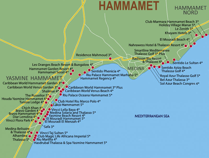 Отели на карте Хаммамета